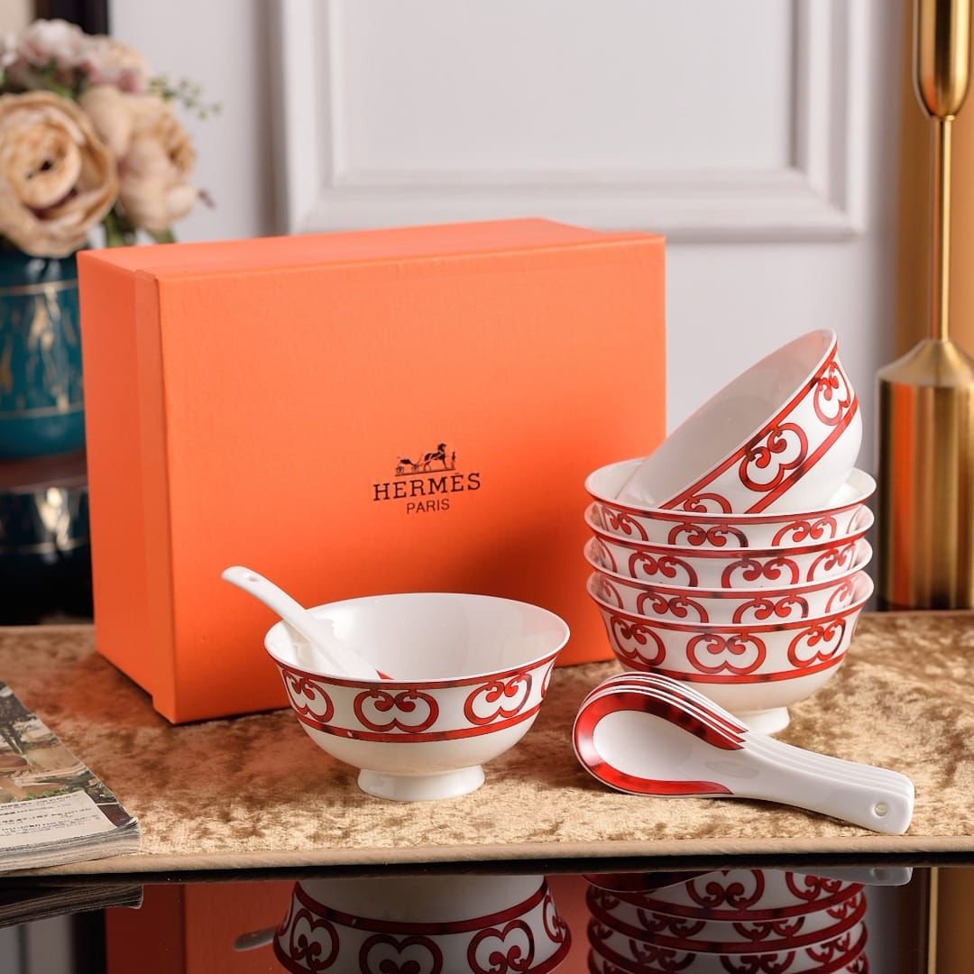 Hermes Red soup set of six bowls with spoons - Hermes Kitchen and Dining | Aleppo Gift UAE